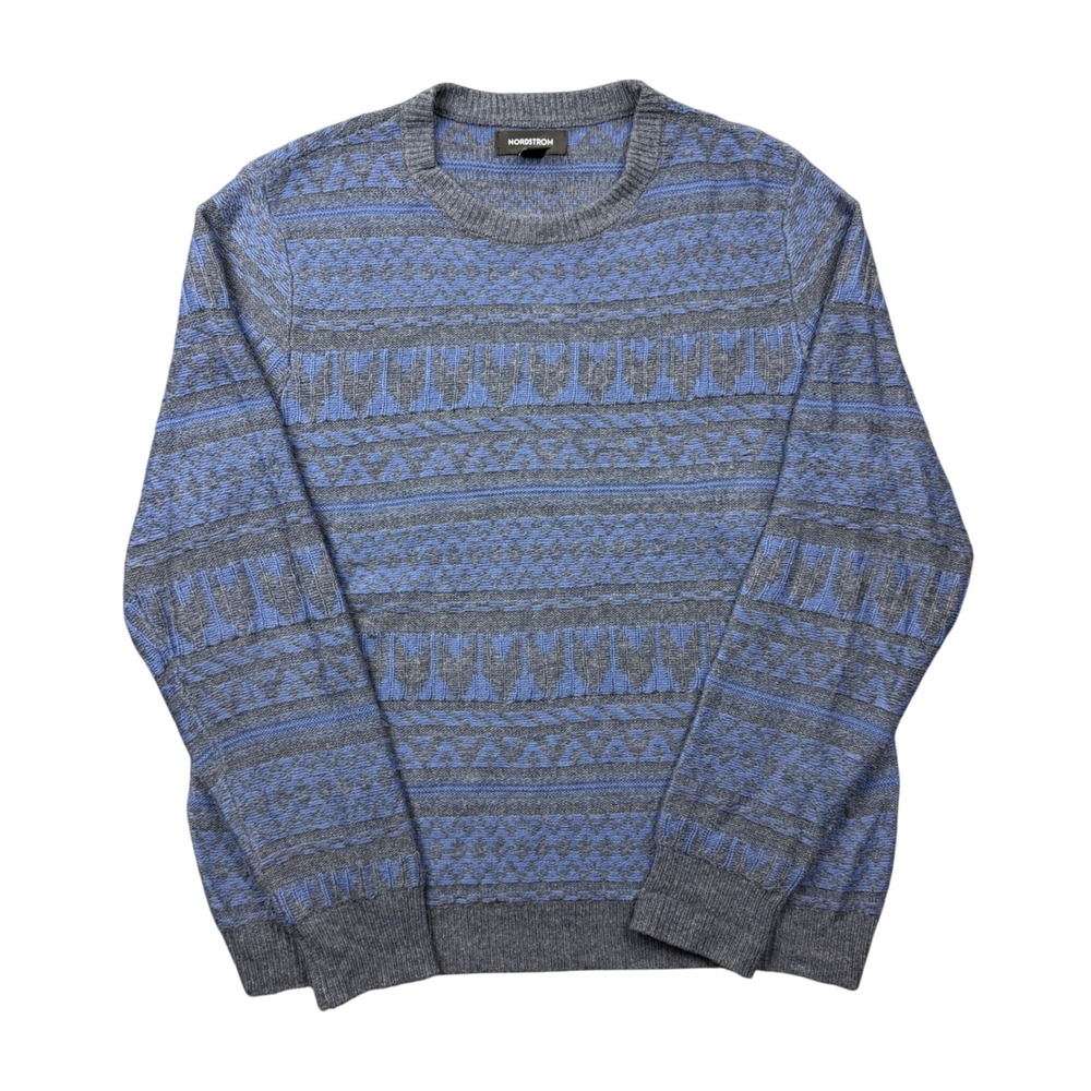Nordstrom Mens Medium Merino Wool Alpaca Blend Sweater Blue Grey Fair Isle Knit